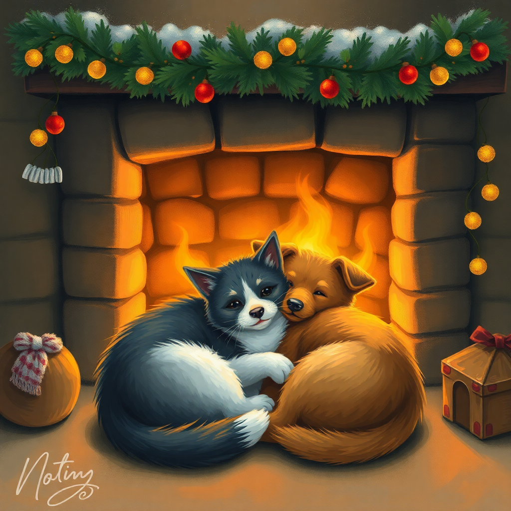 Cat and Dog by Fireplace