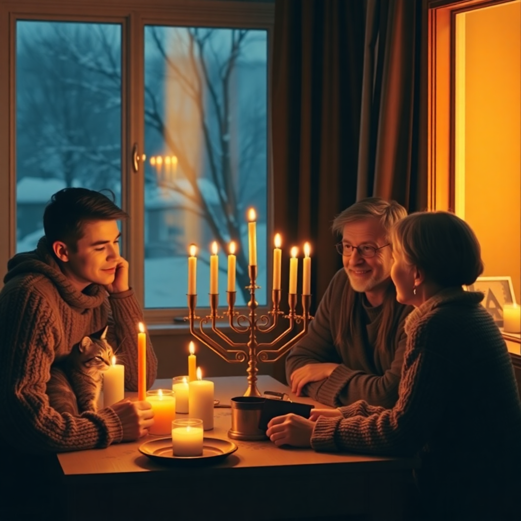 Family and Cat by the Menorah