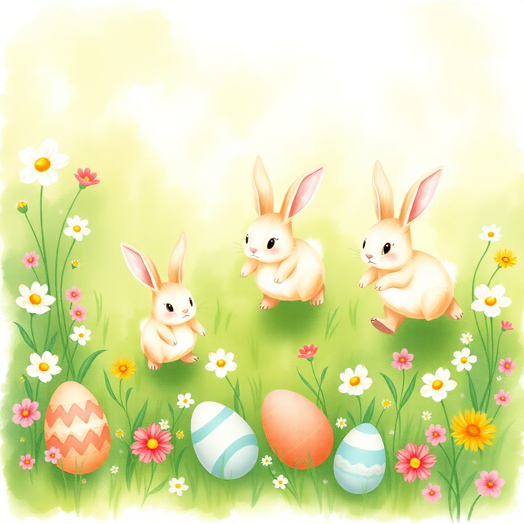 Луг с кроликом, нарисованный акварелью.