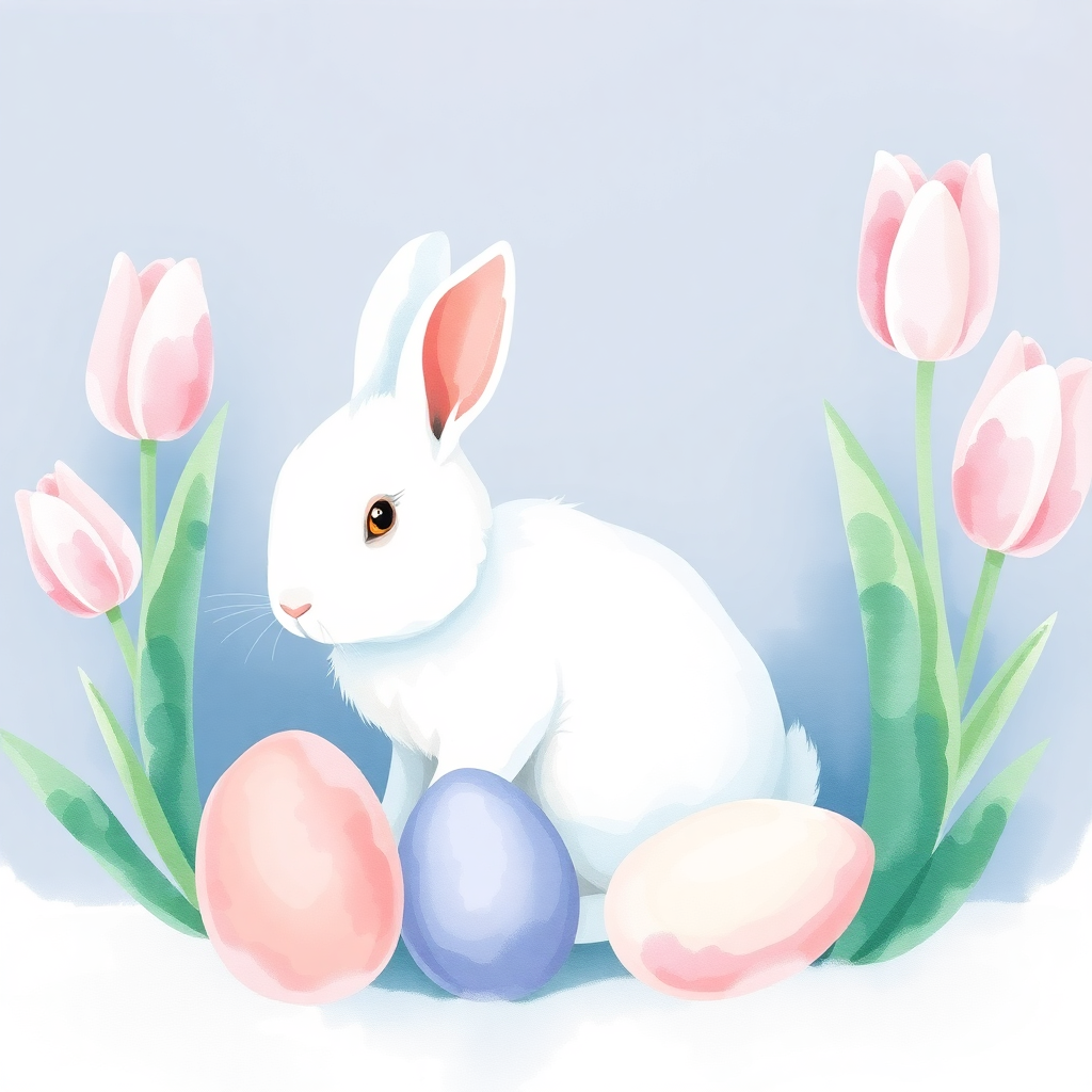 Зайчик и тюльпаны, нарисованные акварелью.